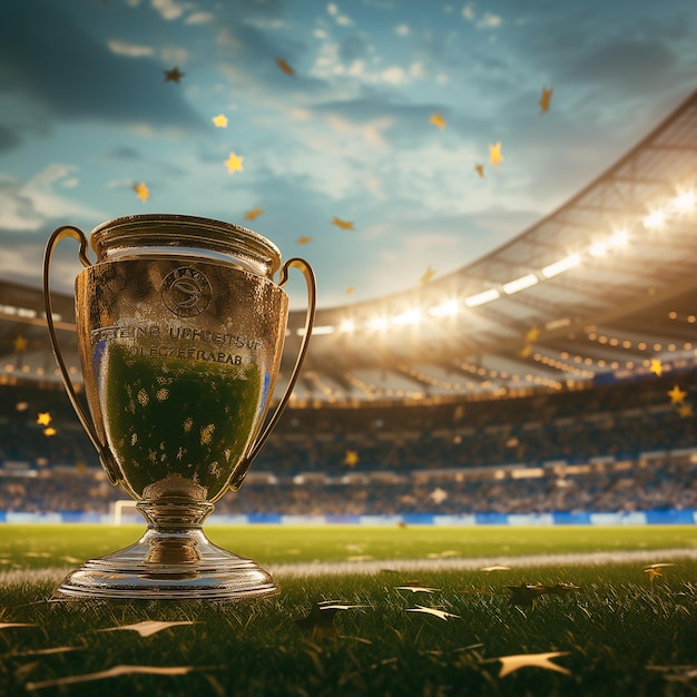 A trophy on the field of a stadium