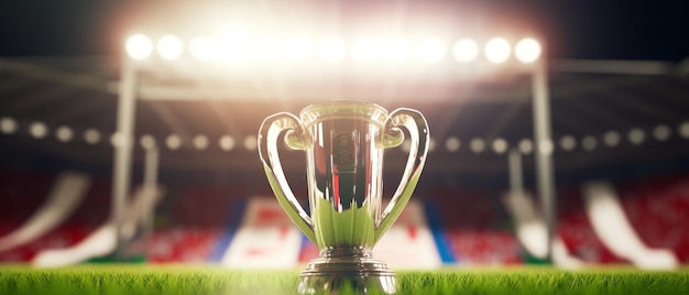 Trophy on a grass field with lights in the background