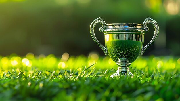 a trophy in the grass with a green background