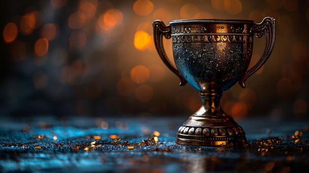 a trophy is in the water with a blurry backgroundGold trophy competition trophy on abstract blurred