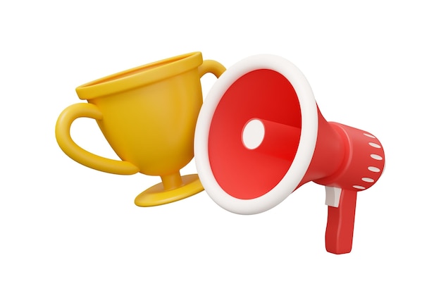 Trophy megaphone speaker 3d render illustration in minimal cartoon style isolated on white background