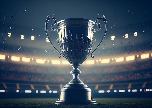 Trophy over stadium and dark background with abstract shiny lights AI Generated