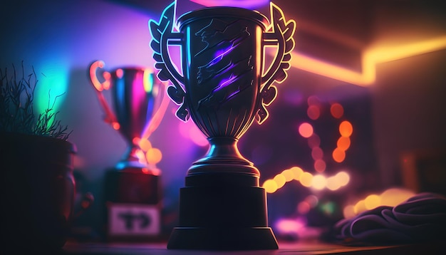 A trophy that is on a table with lights