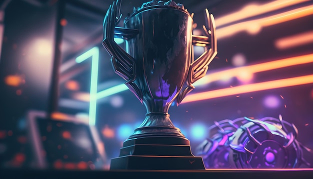 A trophy that is on a table with lights