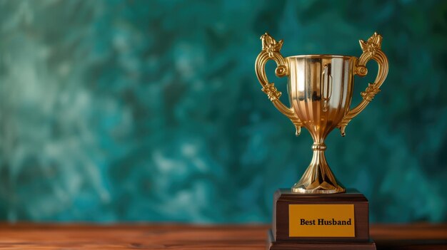 Trophy with Best Husband inscription on wooden surface