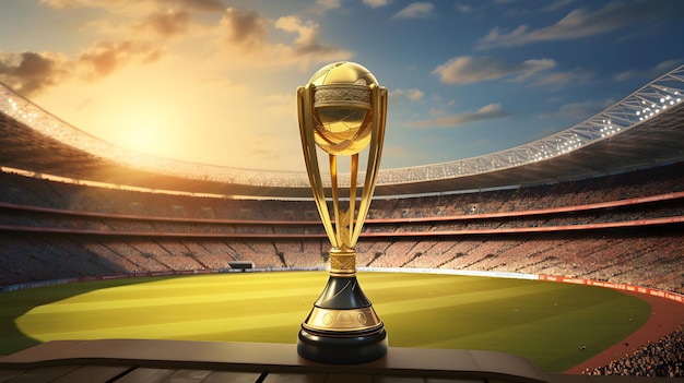 a trophy with a golden ball on it in front of a stadium with a blue sky in the background