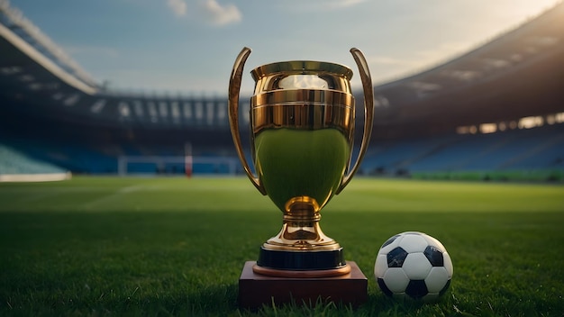 a trophy with a soccer ball on the field in front of a stadium training daytime ball soccer spor