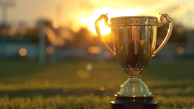 a trophy with the sun setting behind it