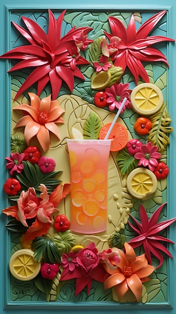 Tropic cocktail in high glass with straw over sculpted tropical background Vertical holidays set with cocktail exotic flowers and tropic fruits African banner with tropic drink AI