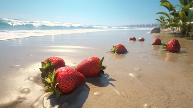 Tropical ambiance strawberry on the beach Generative AI