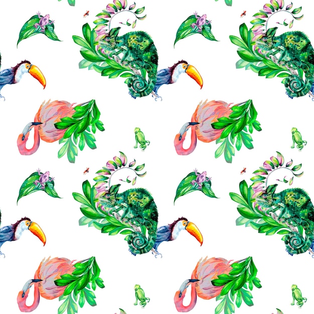 Tropical animals with floral ornate watercolor illustration seamless pattern on white