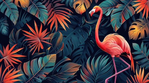 Photo tropical art nouveau and art deco print design featuring colorful leaves and a flamingo