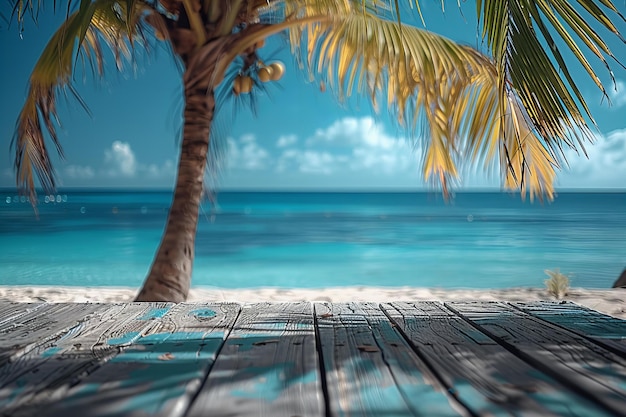 Tropical atmosphere with palm tree and wooden table in sea background