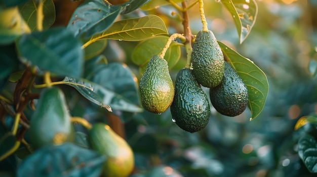 In a tropical avocado garden healthy green avocado fruits are strung from lovely green trees as the sun shimmers through greenery and space Generative AI