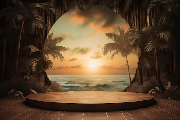 Tropical backdrop wooden podium serene sunset