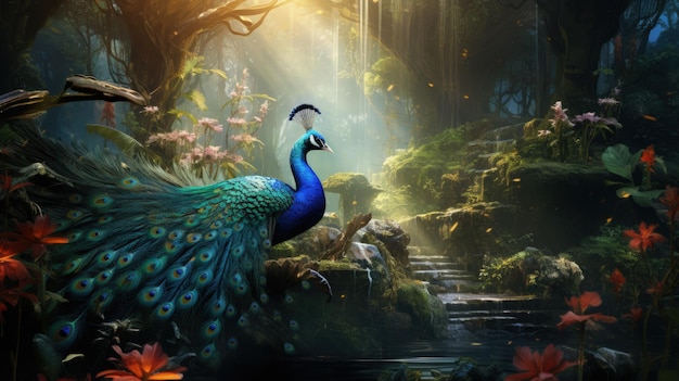 Tropical Background Royal Birds Peacock Heron Colorful Fern Leaves Generative AI