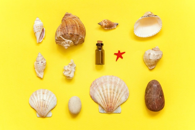 Tropical Background Seashell and glass bottle on yellow colourful trendy modern fashion background Vacation travel summer weekend sea adventure trip concept