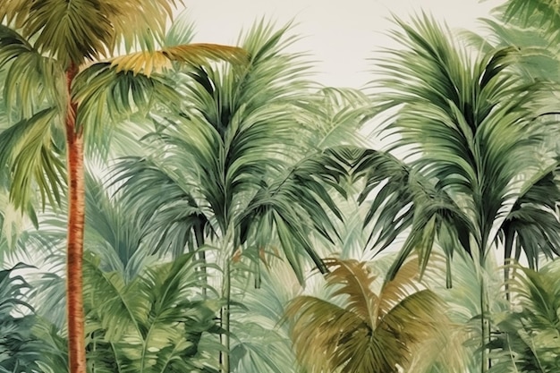 Tropical background with palm trees watercolor painting illustration