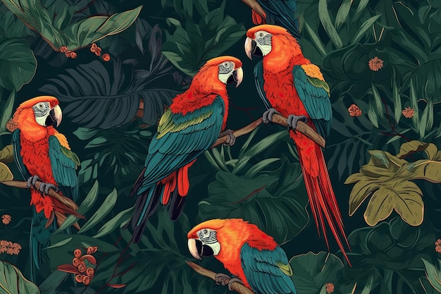 Tropical background with seamless pattern with parrots in jungle Generative AI illustration