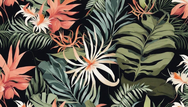 A tropical background with tropical leaves and flowers