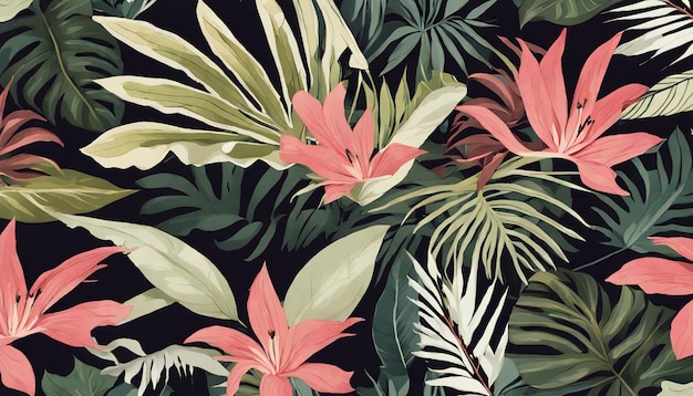 A tropical background with tropical leaves and flowers