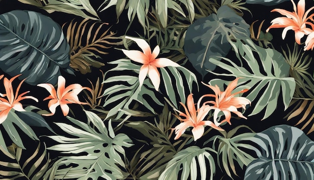 A tropical background with tropical leaves and flowers