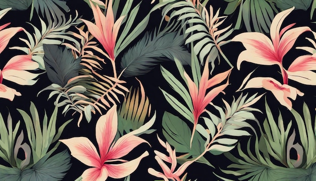 A tropical background with tropical leaves and flowers