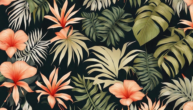 A tropical background with tropical leaves and flowers