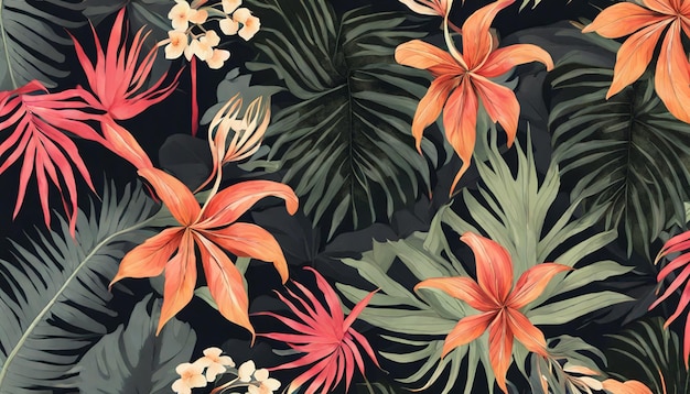 A tropical background with tropical leaves and flowers