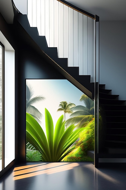 Tropical banana tree on modern landing staircase in sunlight from window of black cement stone stair