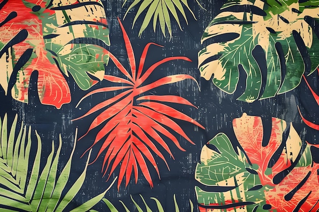 Tropical Batik Pattern in Coral Red Palm Green Ivory and Deep Indigo