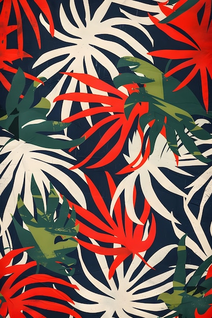 Tropical Batik Pattern in Coral Red Palm Green Ivory and Deep Indigo