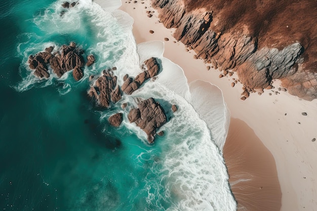 Tropical beach as seen from above Beautiful blue Sea with lush green trees Generative AI