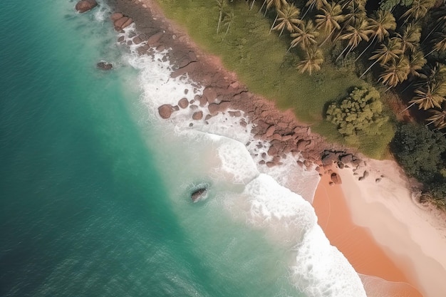 Tropical beach as seen from above Beautiful blue Sea with lush green trees Generative AI