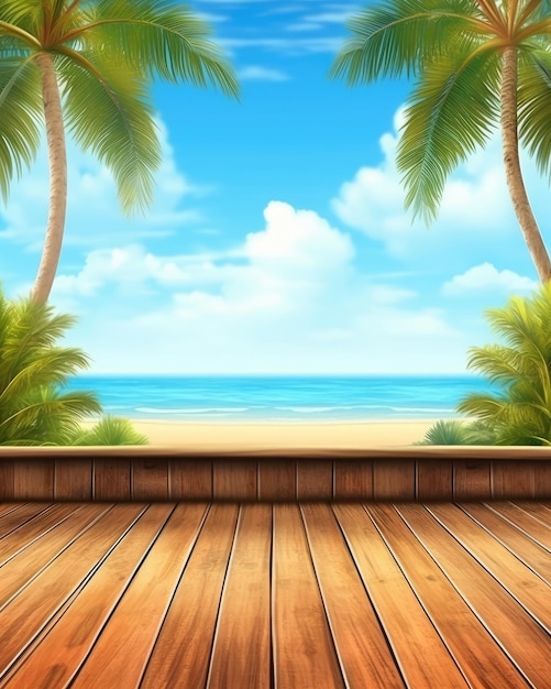 A tropical beach background with a wooden product display stage Illustration Generative AI