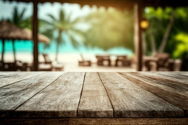 Tropical beach bar blurred wooden table Ocean view Generative AI