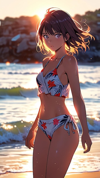 Photo tropical beach beauty anime girl in floral swimsuit generative ai