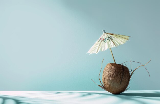 Photo tropical beach concept made of coconut fruit and sun umbrella creative minimal summer idea