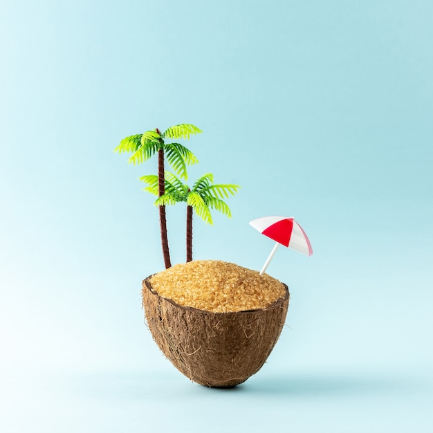 Tropical beach concept made of coconut fruit and sun umbrella