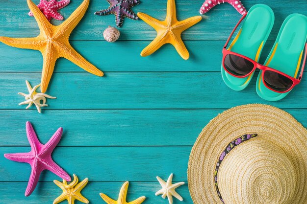 A tropical beach flat lay with neoncolored flipflops a straw hat and sunglasses on a turquoise wooden surface surrounded by colorful starfish ar 32 v 61 Job ID fc8283c4e7384f2dbfc0642c29bd5252