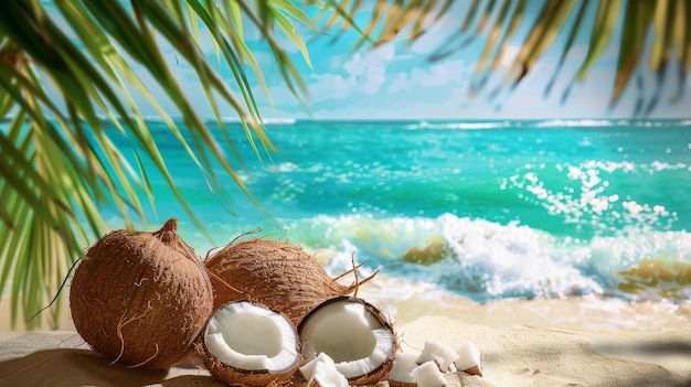 Tropical beach fresh coconuts and palm tree on turquoise ocean shore summer vacation concept