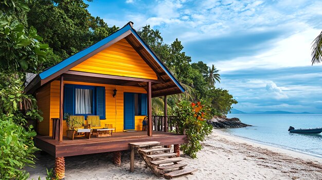 Photo tropical beach house with wooden steps leading to the white sandy beach