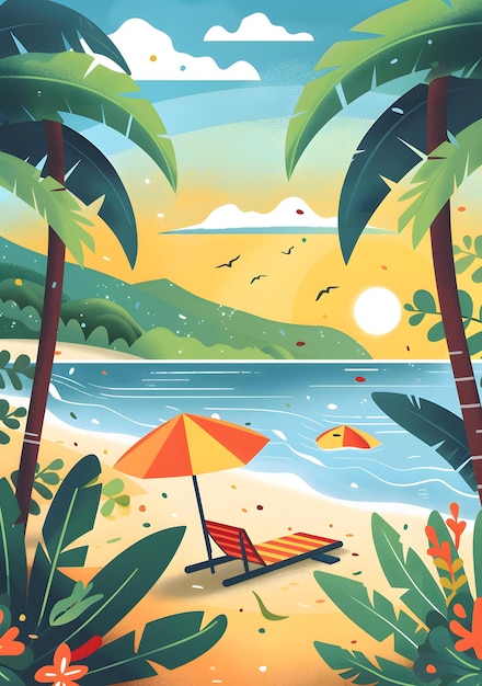 Photo tropical beach illustration with palm trees and lounger