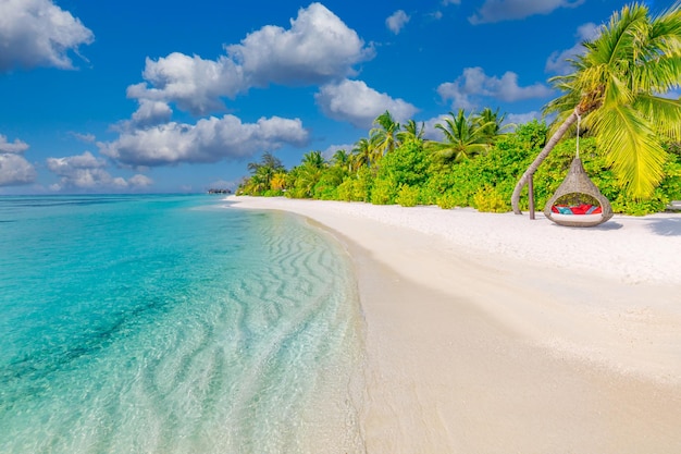 Tropical beach island panorama Summer relax landscape with beach swing white sand calm sea sky