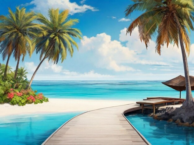 Tropical beach in Maldives with few palm trees and blue lagoon