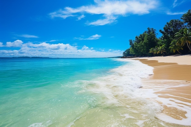 Tropical beach in maldives with few palm trees and blue lagoon