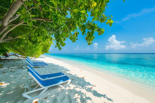 tropical beach in Maldives with few palm trees and blue lagoon