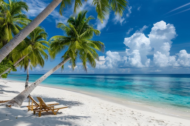 tropical beach in Maldives with few palm trees and blue lagoon