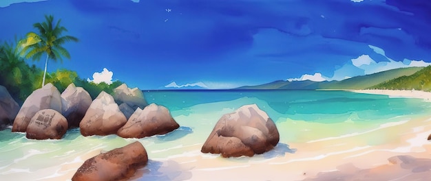 Tropical beach panorama with palms and rocks Seychelles Generative AI