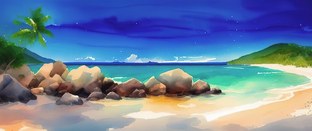 Tropical beach panorama with palms and rocks Seychelles Generative AI